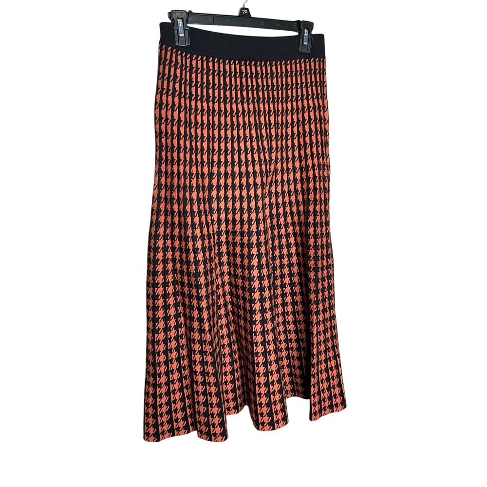 LoveRiche Knit Midi Skirt Pull-On Stretch Houndstooth‎ Orange Black Size M NWT
